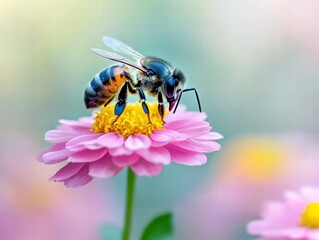 Honeybee on Pink Daisy Flower Close Up Soft Light