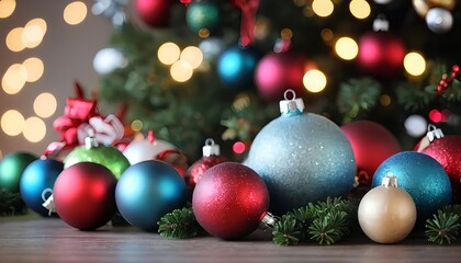 Fototapeta premium Christmas Ornaments on Wooden Table with Bokeh Lights