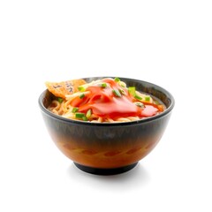 Artistic Noodle Bowl with Ketchup and Green Onions