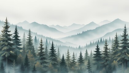 Misty Mountain Landscape Painting, Serene misty mountain landscape with evergreen trees.