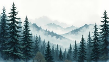 Misty Mountain Forest Landscape, Serene misty mountain landscape with tall evergreen trees.