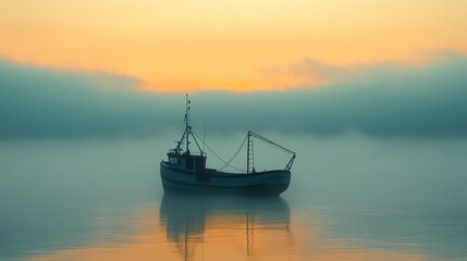 Naklejka premium Serene Fishing Boat Silhouetted Against Misty Sunrise Horizon