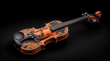Obraz premium Decorative Violin with Intricate Carvings on a Black Background, Artistic Musical Instrument Display