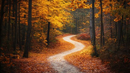 Obraz premium Winding autumn path through golden forest