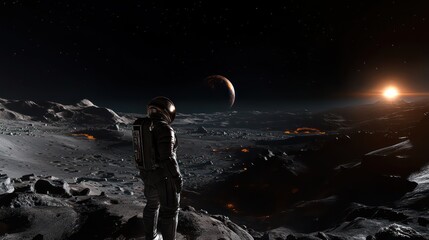 Obraz premium Astronaut on alien planet, sunrise, volcanic landscape, space exploration