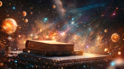 Fototapeta premium Cosmic Journey Through Time and Space with Ancient Open Book