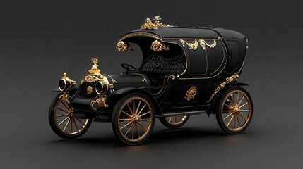 Elegant vintage car with ornate gold detailing and rich upholstery on a dark background