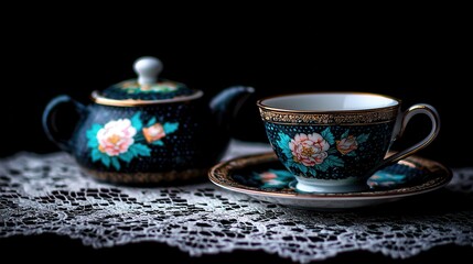 Elegant floral porcelain tea set on lace cloth with dark background, perfect for vintage home decor and tea parties