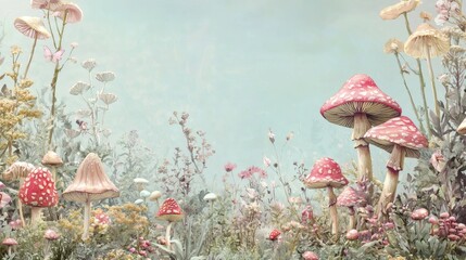 Vibrant Fantasy Landscape with Colorful Mushrooms and Flowers