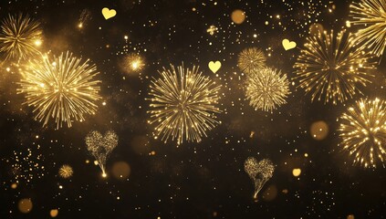 Golden fireworks display at night with hearts, festive background