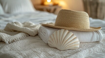 Seashell, Towel, & Hat on Bed