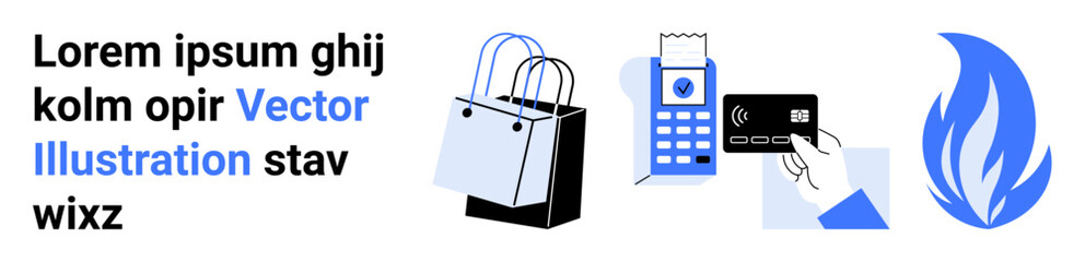 Shopping bags, card payment terminal, hand using contactless card, abstract fire element. Ideal for retail, e-commerce, payment systems, technology, shopping finance flat landing page banner