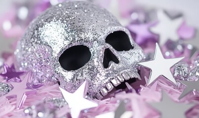 Naklejka premium Sparkling Silver Skull Decoration Surrounded by Purple Stars and Glittery Festive Elements for Halloween or Party Celebrations