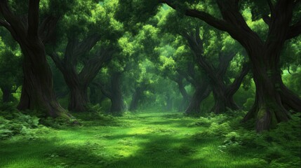 Fototapeta premium Lush green forest path winding through ancient trees with dense foliage under soft filtered sunlight.