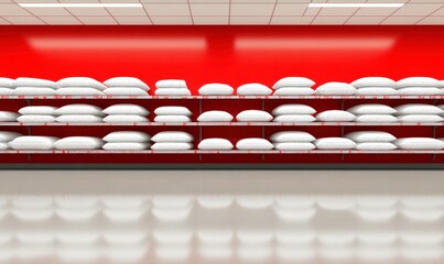 Naklejka premium Bright and Modern Retail Display of White Pillows on Shelves Against a Bold Red Wall in a Store Interior