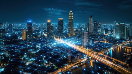 Night cityscape network, city lights, connection, futuristic