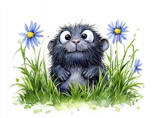 Fototapeta premium Playful Dark Furred Creature in Green Grass and Blue Flowers