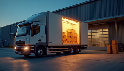 Fototapeta premium Delivery Truck Loading at Dusk Transportation, Logistics, Warehouse, Shipping, Cargo Boxes, Commercial Vehicles.