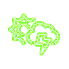 Icon thunderstorm sun from the flow of energy of green color. Shimmering neon