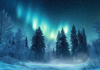 Aurora Borealis over snowy forest at night