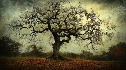 Bare tree in a foggy landscape