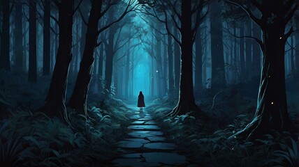 A lone figure in a red cloak stands on a misty path through a dark, enchanted forest.