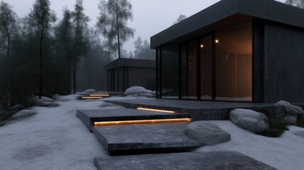 Modern minimalist cabins nestled in a misty forest, illuminated by warm lighting.  Exterior design featuring a pathway of stone steps, lit by subtle warm glow