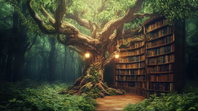 Magical library in a mystical forest