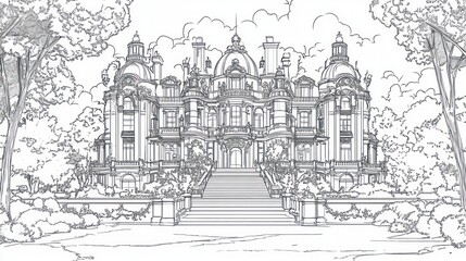 Elegant Mansion Sketch, Exterior, Forest Background, Architectural Drawing, Printable, Coloring Book, Educational Resource, Black and White