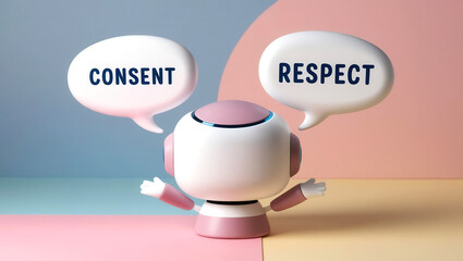 AGI ethics 3D concept. Robot promoting the concepts of consent and respect in a playful design.