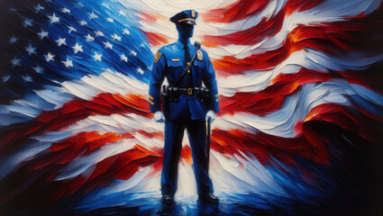 American police officer saluting against american flag national pride digital artwork urban heroism