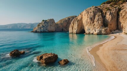 Fototapeta premium Breathtaking view of a serene beach with turquoise waters and rocky cliffs under a clear blue sky.