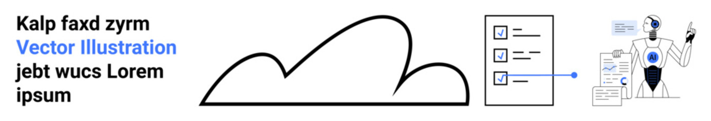 Cloud outline linked to an AI robot. Checklist and documents emphasize tasks, data organization. Ideal for technology, cloud computing, AI, automation, data analysis, workflow simple landing page