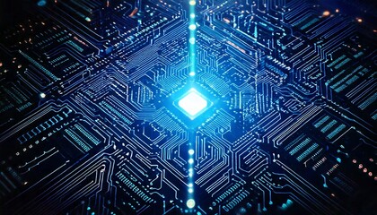 A high-tech background with geometric patterns, matrix-style numbers, and glowing circuits representing AI-driven communication.