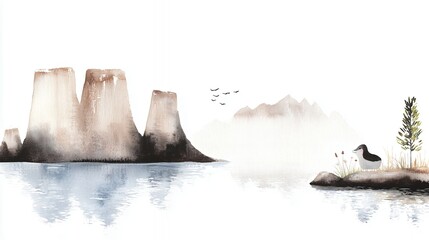 Fototapeta premium Serene Watercolor Lake Landscape with Mountains and Bird