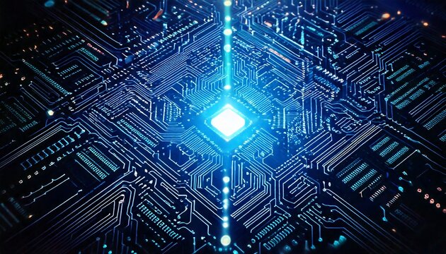 A high-tech background with geometric patterns, matrix-style numbers, and glowing circuits representing AI-driven communication.