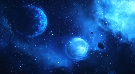 Obraz premium Two luminous planets and asteroids in a bright blue galaxy