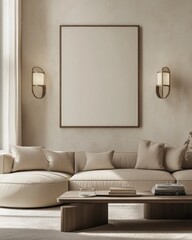 Beige living room with sofa, coffee table, wall lamps, and blank canvas.