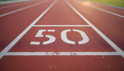 Close-up of a running track with lane markings and the number fifty in the foreground
