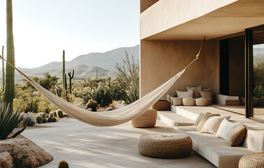 Minimalist desert boho outdoor lounge with a woven hammock, cacti, and warm golden hues 
