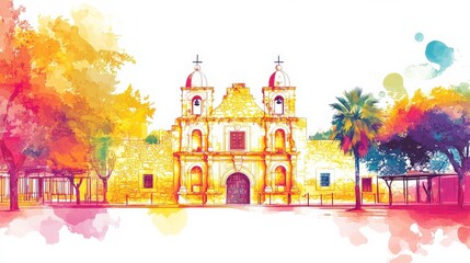 Naklejka premium Vibrant Alamo Mission Illustration on White Background