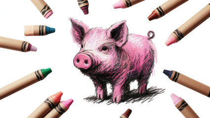 Creative pig drawing surrounded by crayons art studio illustration colorful close-up fun
