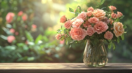 Fototapeta premium Peach Roses in Glass Vase