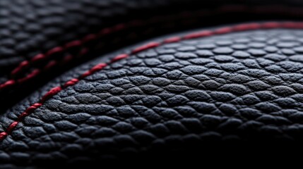 Close-up view of black leather upholstery with red stitching