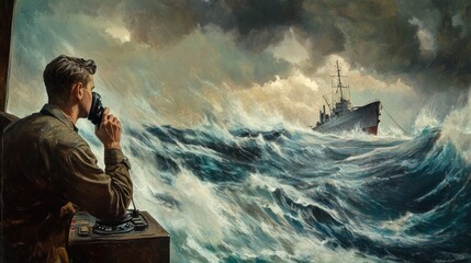 A radio operator receiving a distress signal from a sinking ship, stormy waves in the background, --ar 16:9 --v 6.1 Job ID: d2955c22-9417-47ae-bbc6-a0cdbc40ec3e