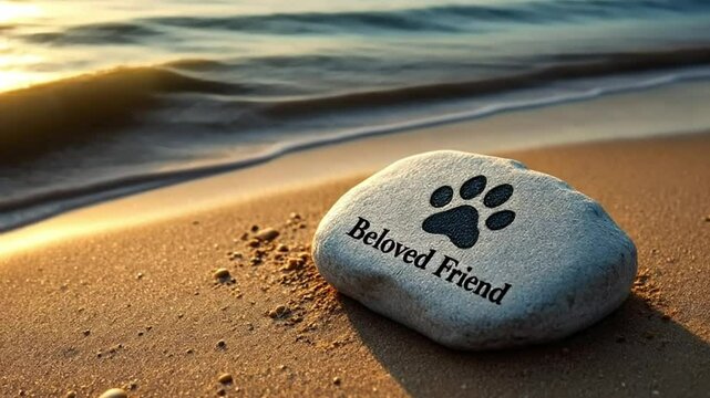 Beloved Friend's Memory: A serene scene of a sandy beach with a stone engraved with "Beloved Friend" and a paw print.  The ocean softly laps in the distance, lit by the soft glow of the sun. 