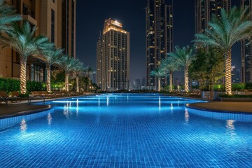 Fototapeta premium Night cityscape poolside luxury resort