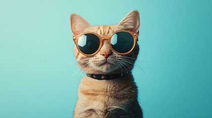 Cool Orange Cat Wearing Sunglasses Against Aqua Background