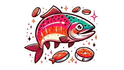 Vibrant cartoon salmon with sushi rolls underwater scene colorful art fun design