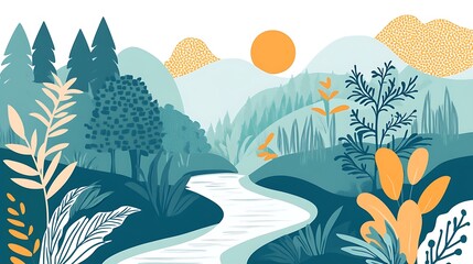 Serene River Landscape Illustration.